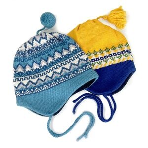 Blue & Yellow Vintage Winter Ski Caps with Ear Flaps - 2